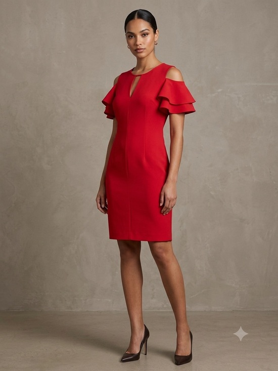 Tahari Dresses & Skirts - Tahari Red Cold-Shoulder Sheath Dress with Ruffle Sleeves